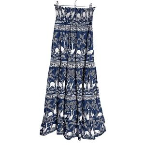 Beyond by Vera Blue White Crane Print Smocked Waist Maxi Skirt Boho